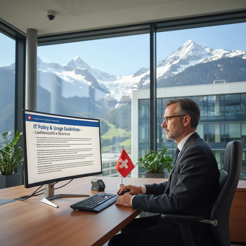 A photorealistic image depicting a professional office environment in Switzerland, with a businessperson reviewing digital documents on a computer screen, surrounded by Swiss flags and Alpine views in the background, symbolizing legal compliance in IT usage policies.