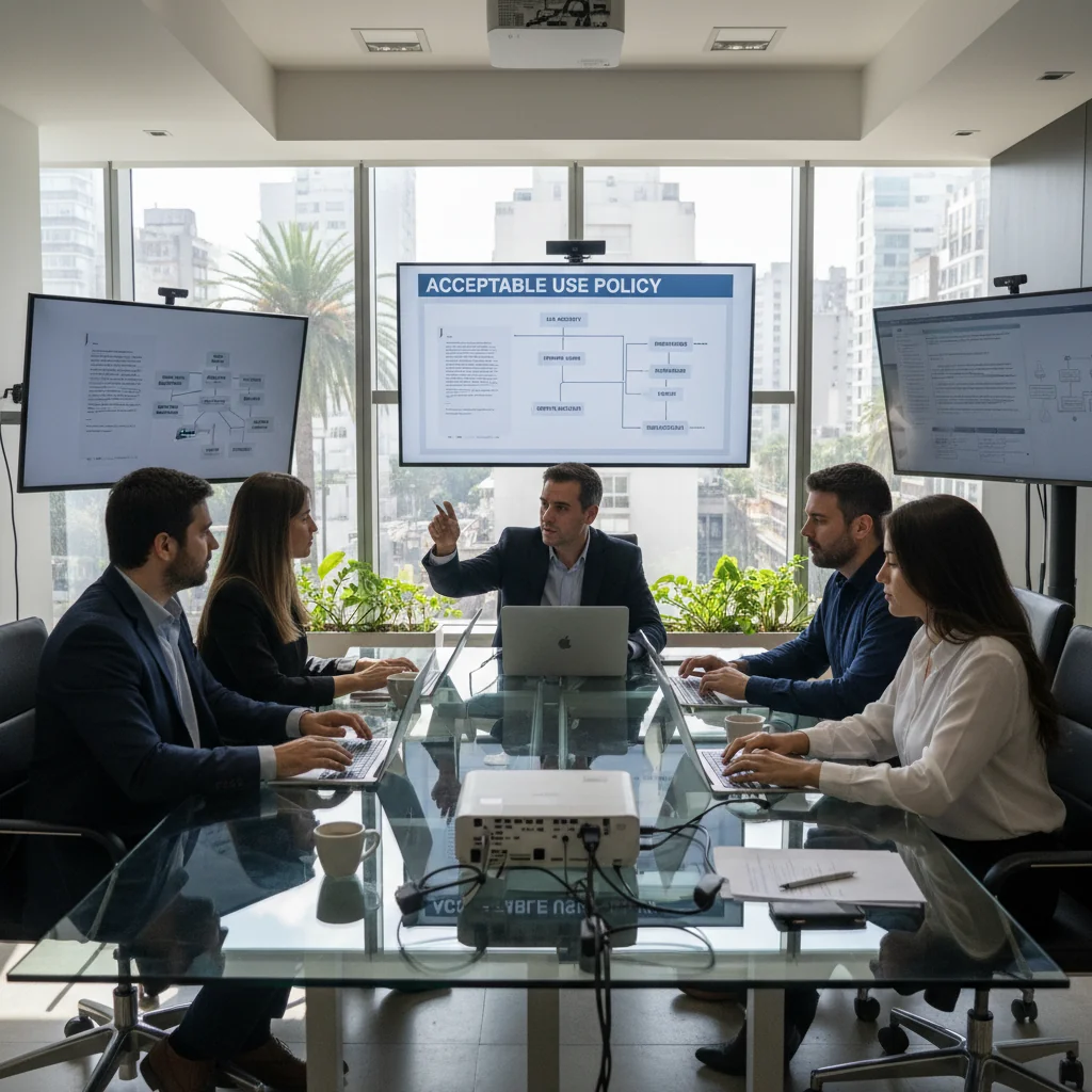 A photorealistic image depicting a diverse group of adult professionals in a modern Argentine IT office, collaboratively reviewing digital security policies on computer screens, symbolizing the importance of acceptable use policies in IT, with elements like the Argentine flag subtly in the background, no children present.