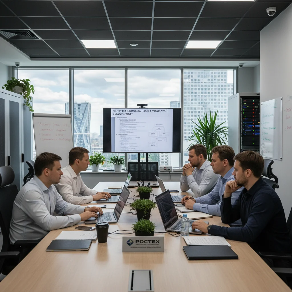 A photorealistic image of a professional IT team in a modern Russian office, collaborating on computers while adhering to digital policies, symbolizing safe and acceptable use of IT resources. The scene includes adults only, no children, with Russian cultural elements like flags or architecture in the background.