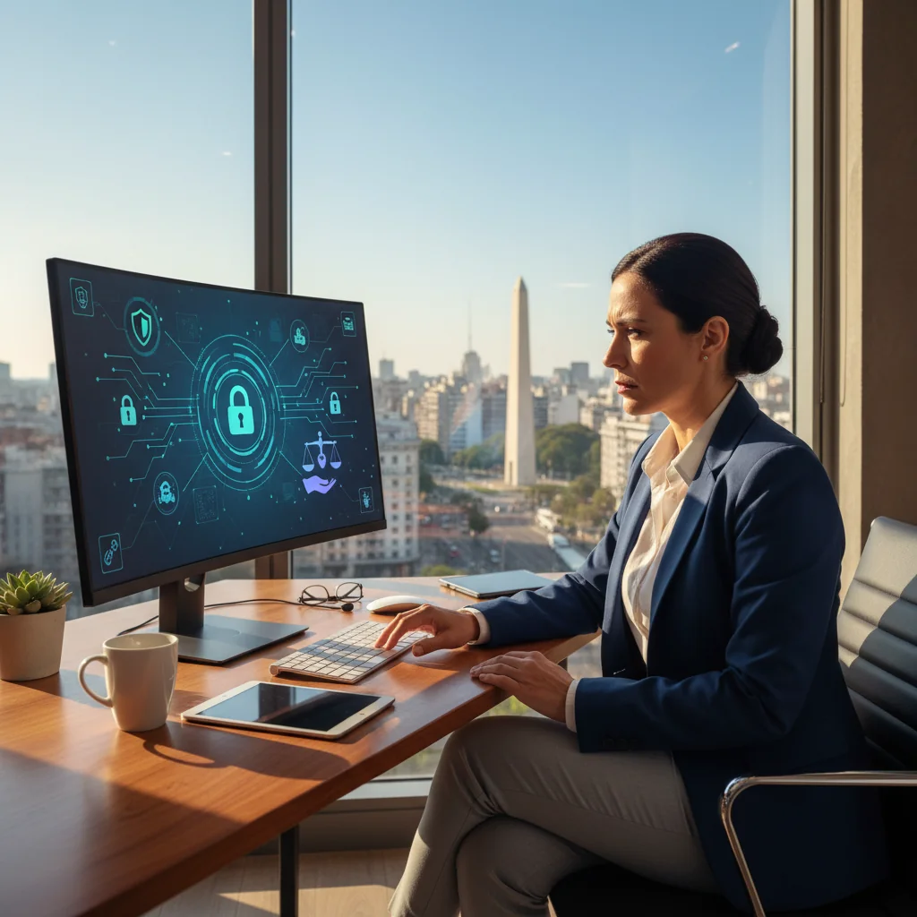 A photorealistic image representing the concept of acceptable use policy in Argentina, featuring an adult professional in a modern office setting in Buenos Aires, reviewing digital guidelines on a computer screen, with subtle Argentine landmarks like the Obelisk in the background visible through a window, symbolizing responsible online and technology use in a professional context.
