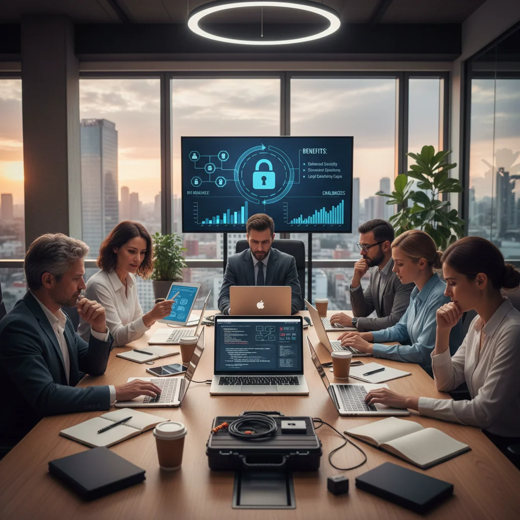 A photorealistic image depicting a diverse group of adult professionals in a modern corporate office environment, collaborating on computers and discussing IT security policies, symbolizing the implementation of acceptable use policies for information technology in a business setting. The scene conveys benefits like enhanced productivity and security, with subtle challenges implied through focused expressions. No children are present.