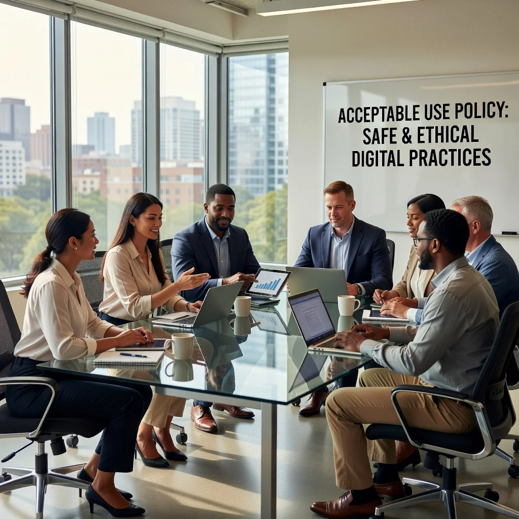 A photorealistic image depicting a diverse group of professionals in a modern office setting, engaged in collaborative discussion around a conference table, symbolizing the implementation and understanding of workplace policies for responsible technology use.