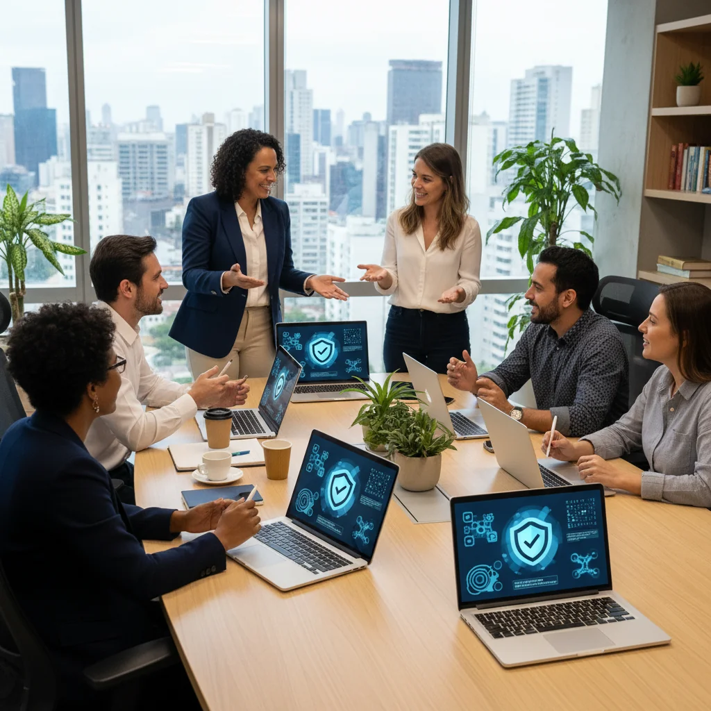 A photorealistic image depicting a diverse group of professional adults in a modern Brazilian corporate office environment, collaboratively reviewing digital security protocols on laptops and tablets, symbolizing responsible IT usage and policy adherence in a business setting. The scene conveys trust, technology integration, and professionalism without focusing on documents.