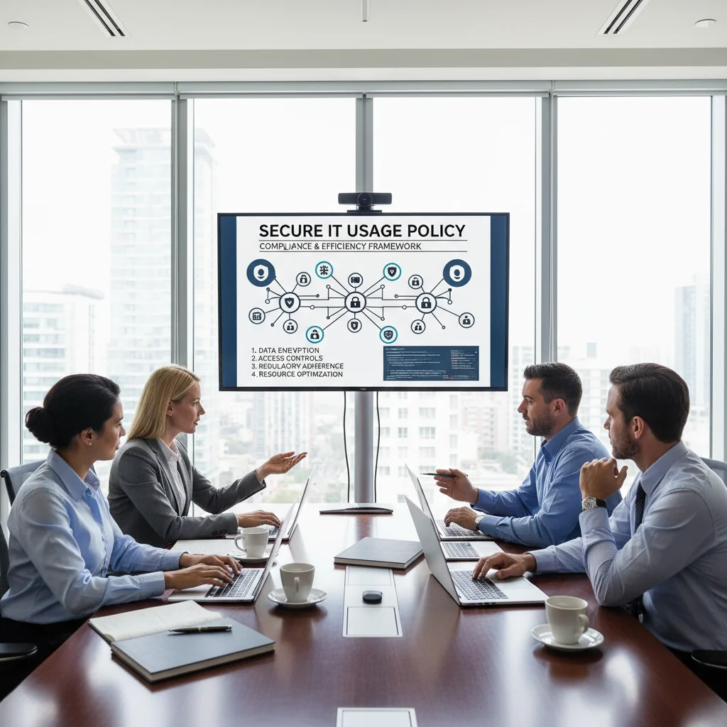 A photorealistic image depicting a diverse group of adult professionals in a modern office environment, collaboratively reviewing digital IT policies on secure computers and tablets, symbolizing effective IT usage and cybersecurity implementation, with no children present.