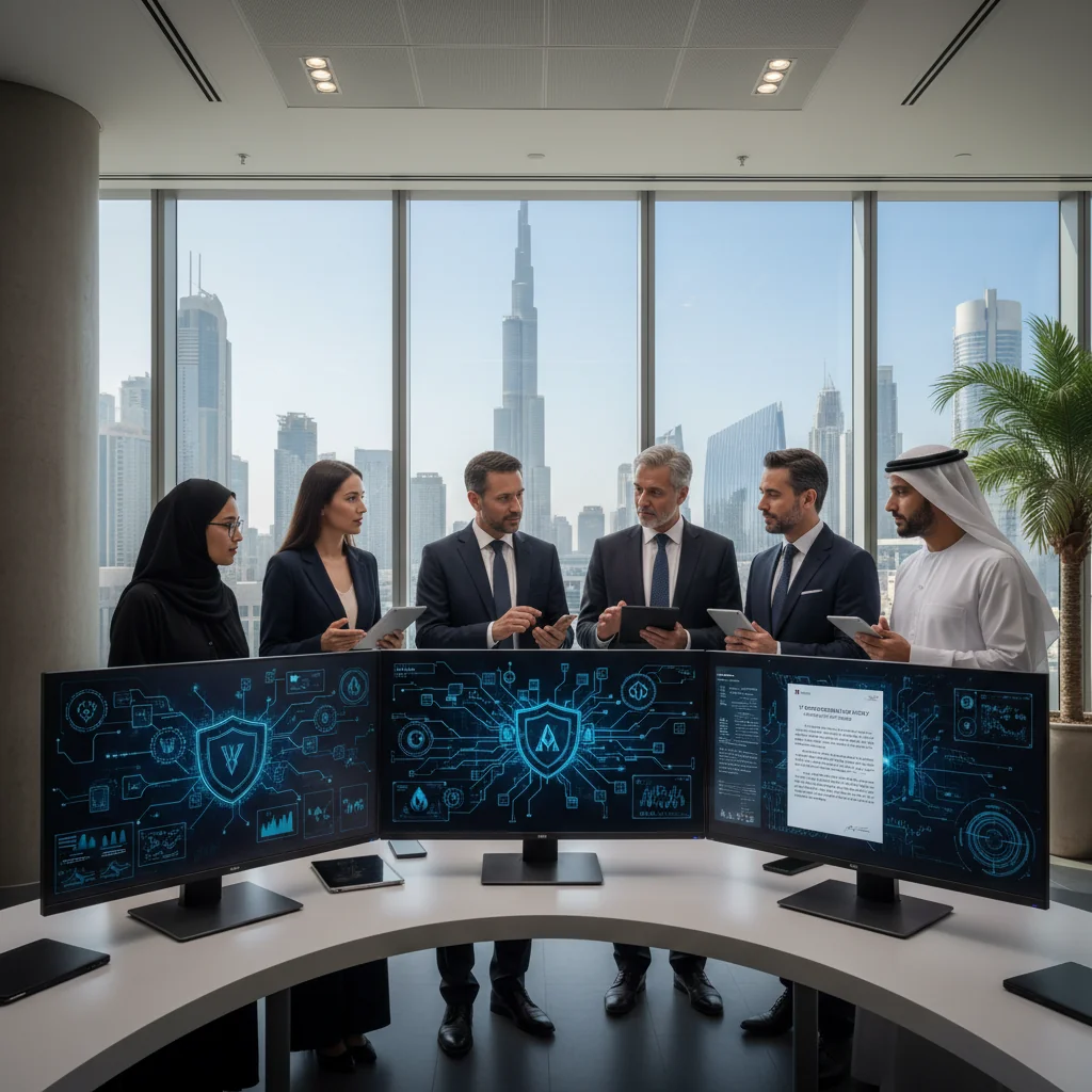 A photorealistic image depicting professionals in a modern UAE office setting, collaborating on IT security and acceptable use policies, with elements like secure networks, data protection icons subtly integrated into the environment, emphasizing importance and compliance in the Emirates context, no children present.