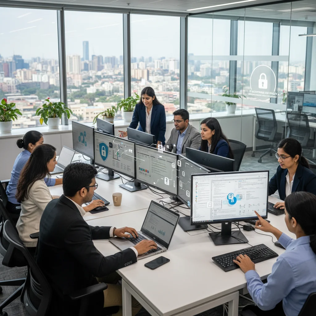 A photorealistic image depicting a diverse group of adult IT professionals in a modern office environment, collaborating on computers with secure network icons subtly in the background, symbolizing the implementation of IT acceptable use policies for enhanced cybersecurity and productivity in India.
