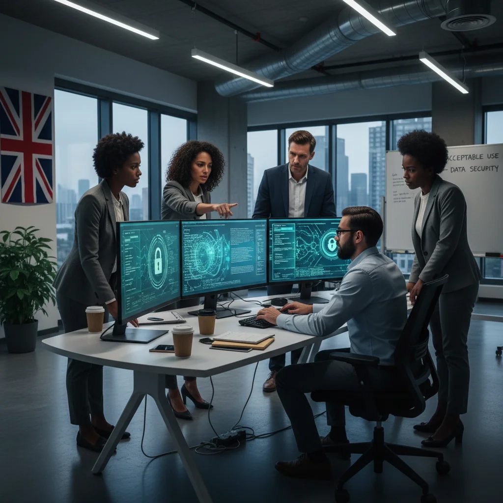 A photorealistic image depicting a professional cybersecurity team in a modern UK office environment, collaboratively reviewing digital security protocols on multiple computer screens, symbolizing the implementation of acceptable use policies for data protection. The scene includes diverse adult professionals focused on their work, with elements like locked servers and network diagrams in the background, emphasizing cybersecurity vigilance and compliance.