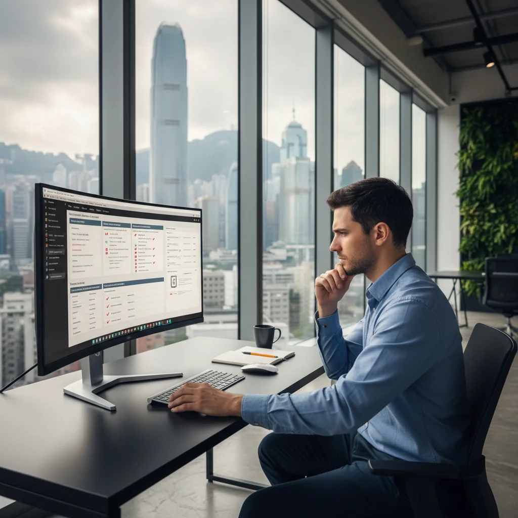 A photorealistic image depicting a professional IT worker in a modern Hong Kong office setting, looking concerned while reviewing compliance guidelines on a computer screen to avoid policy violations, symbolizing IT policy adherence and solutions in a bustling urban environment with subtle Hong Kong skyline elements in the background. No children are present in the image.
