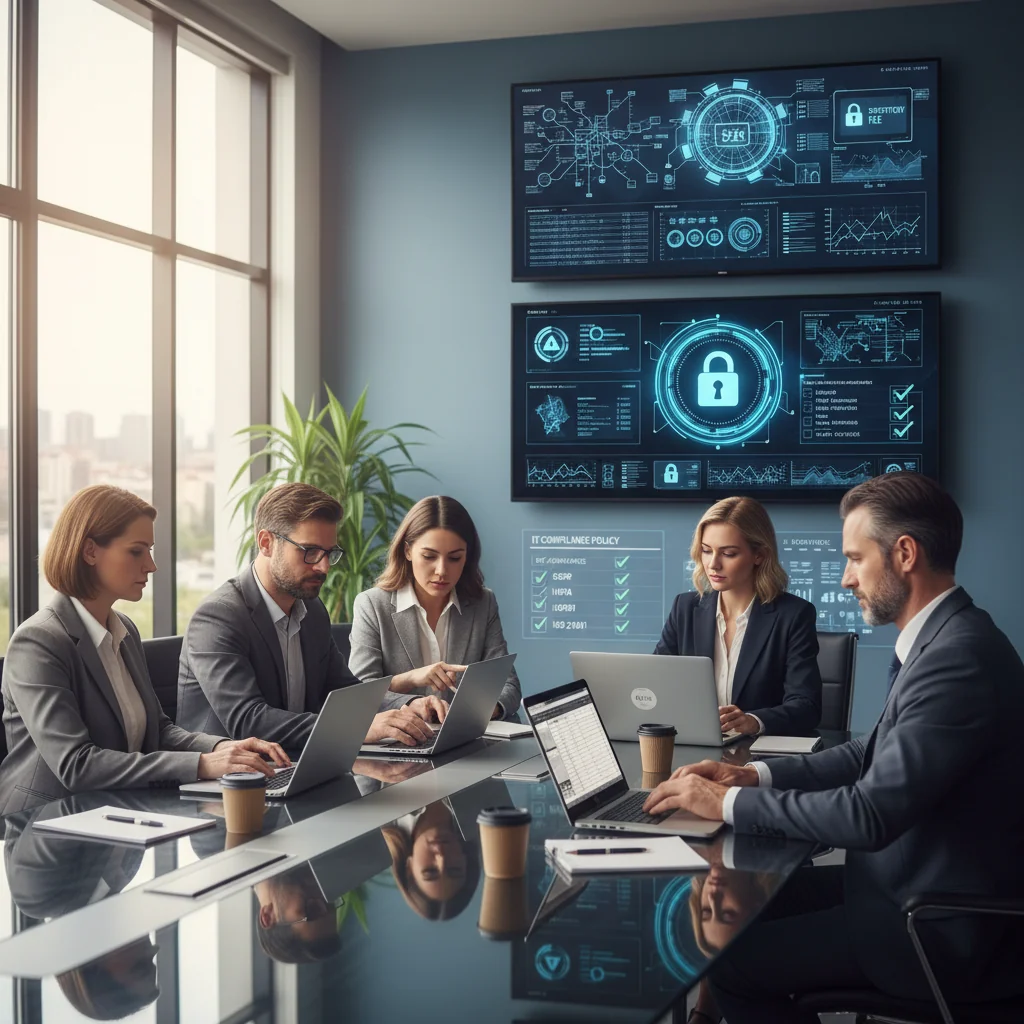 A photorealistic image of a diverse group of adult professionals in a modern office setting, collaboratively reviewing digital security protocols on multiple computer screens, symbolizing compliance and safe IT usage policies. The atmosphere is professional and focused, with elements like locked icons, data protection symbols, and secure network diagrams visible on screens, emphasizing the role of IT acceptable use policies in ensuring regulatory compliance.