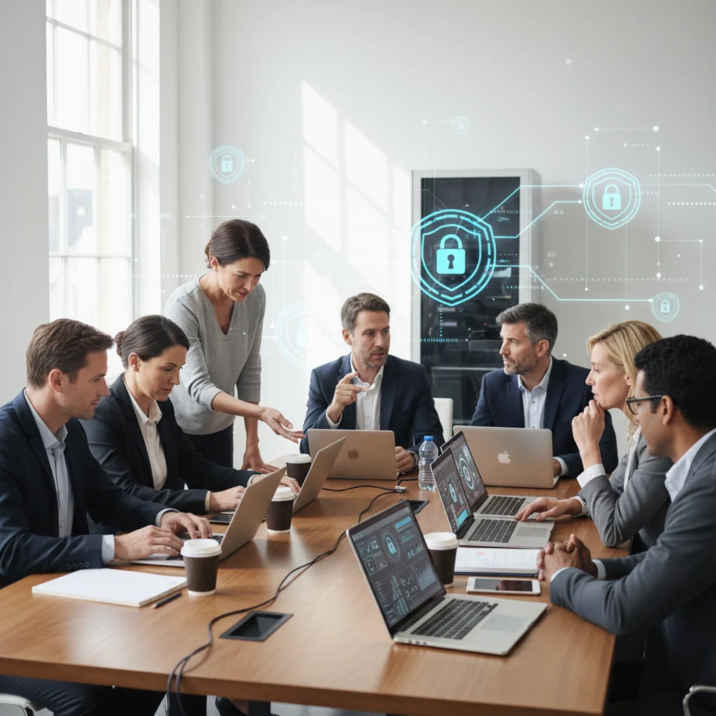 A photorealistic image of a diverse group of adult professionals in a modern office environment, collaboratively reviewing IT resources on computers and tablets, symbolizing responsible and acceptable use of technology in a corporate setting.
