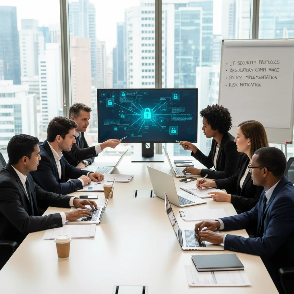 A photorealistic image of a diverse group of adult professionals in a modern South African office setting, engaged in a collaborative discussion about IT policies, with computer screens and network icons subtly in the background, emphasizing security and compliance without focusing on documents.