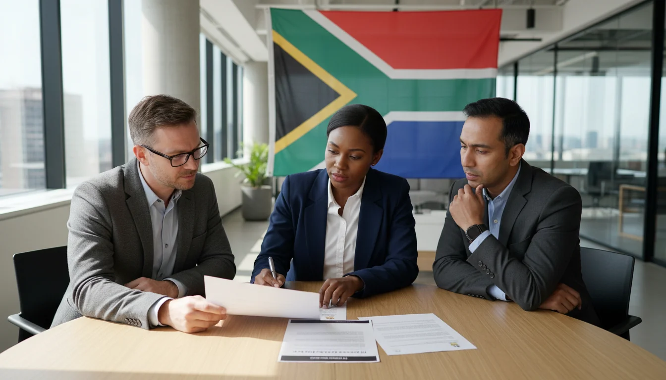 Business professionals reviewing IT policy document