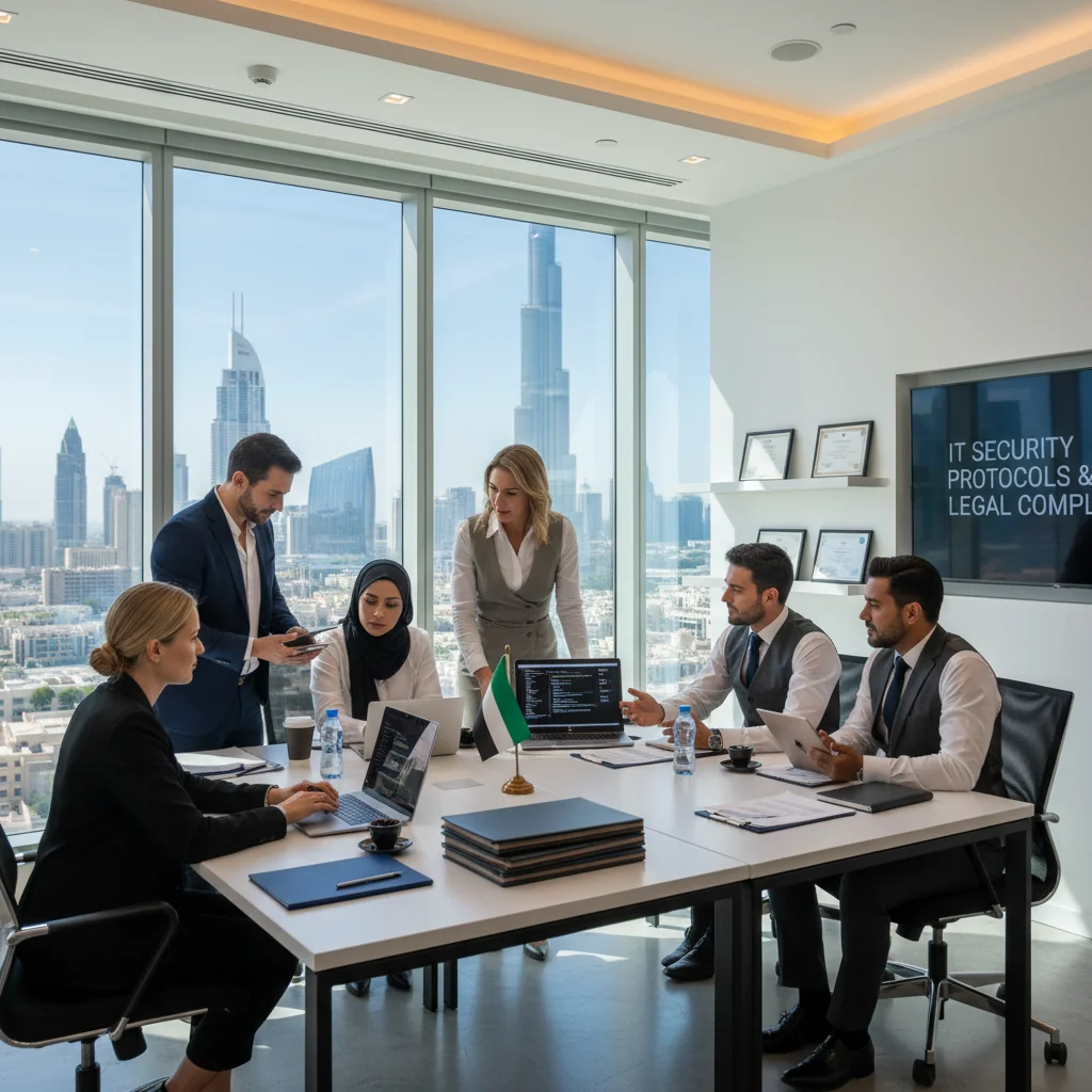 A photorealistic image of a professional IT team in a modern office in the UAE, discussing cybersecurity policies on computers, with elements like UAE flag and skyscrapers in the background, symbolizing legal compliance and technology governance. No children present.