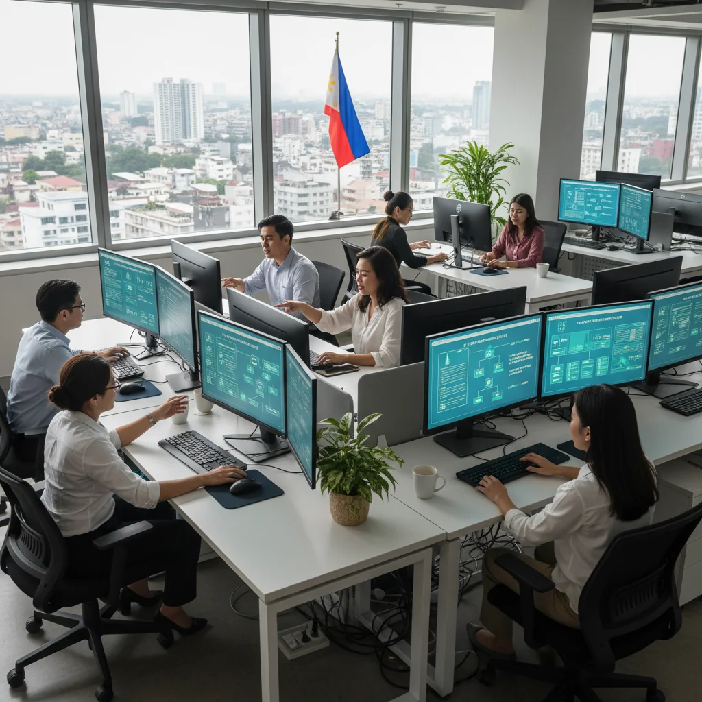 A photorealistic image depicting a professional IT team in a modern office in the Philippines, collaborating on computers while adhering to compliance guidelines, with elements like Philippine flags or Manila skyline in the background, symbolizing legal best practices for IT Acceptable Use Policy.