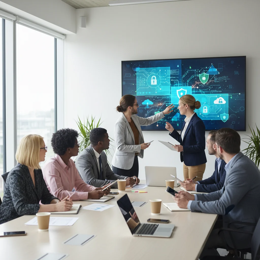 A photorealistic image of a professional team in a modern office setting, collaboratively reviewing IT security guidelines on a large digital screen, symbolizing the development and implementation of acceptable use policies for IT resources. The scene includes adults in business attire, with computer monitors and network cables visible in the background, emphasizing secure and responsible technology use.