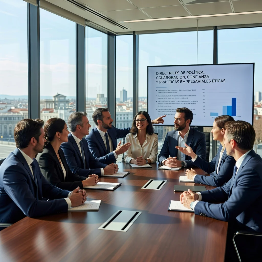 A photorealistic image of a diverse group of professional adults in a modern Spanish office environment, engaged in a collaborative discussion about company policies, symbolizing the importance of acceptable use policies in Spanish businesses. The scene should convey trust, compliance, and teamwork without showing any documents or text.