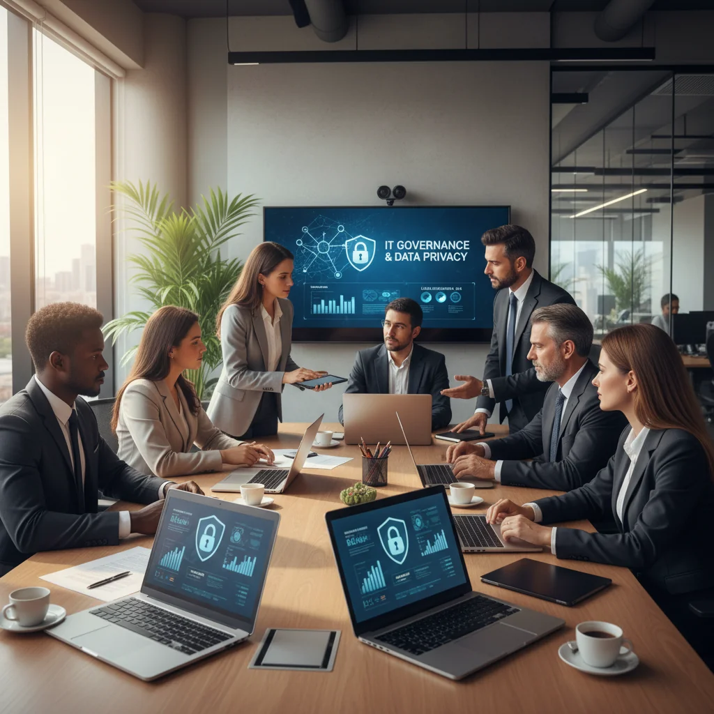 A photorealistic image depicting a diverse group of adult professionals in a modern Brazilian office environment, collaboratively reviewing digital security policies on computers and tablets, symbolizing the implementation of IT acceptable use policies in compliance with Brazilian laws. The scene should convey professionalism, security, and legal adherence, with elements like Brazilian flags or national symbols in the background, but no focus on documents themselves.