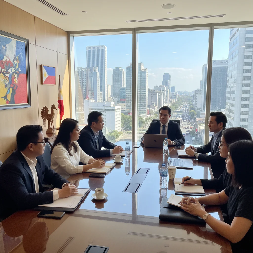 A photorealistic image of diverse adult professionals in a modern Philippine office setting, engaged in a collaborative discussion around a table, symbolizing the implementation of effective policies and agreements in business, with elements like a cityscape view of Manila in the background to represent local context.