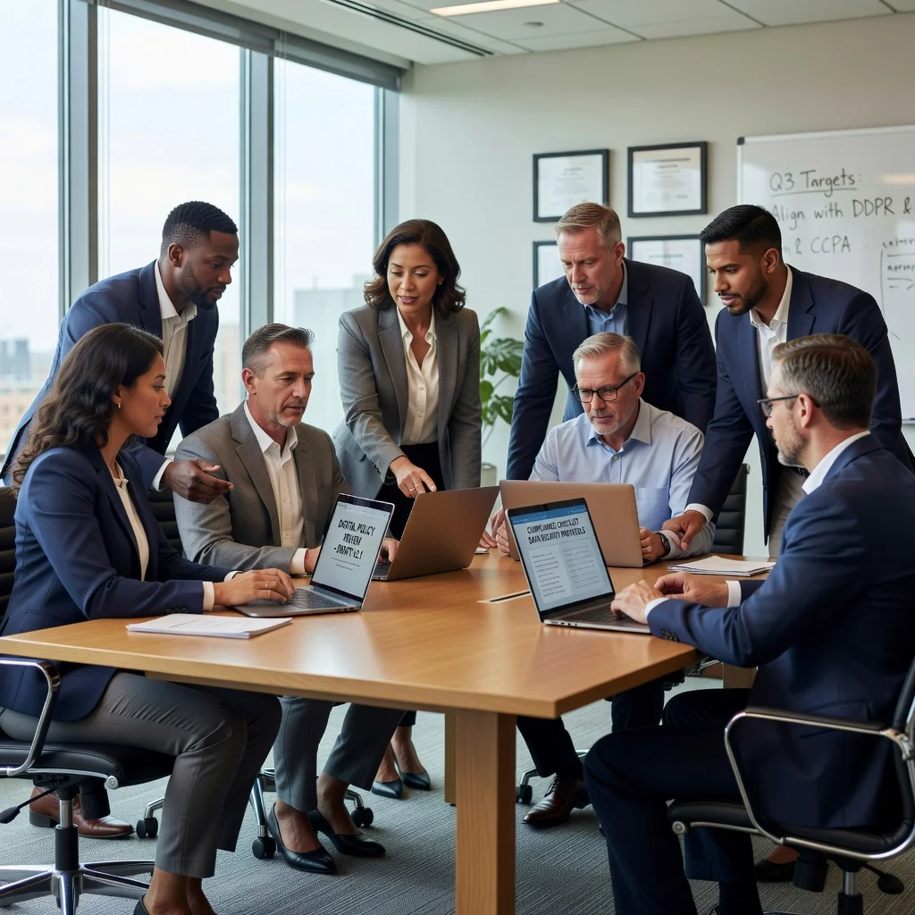 A photorealistic image of a diverse group of professional adults in a modern American office setting, engaged in a serious discussion about compliance and legal policies, symbolizing the implementation of Acceptable Use Policies (AUPs) in businesses. The scene conveys trust, professionalism, and adherence to regulations, with elements like laptops, handshakes, and subtle legal icons in the background, but no actual documents or text visible.