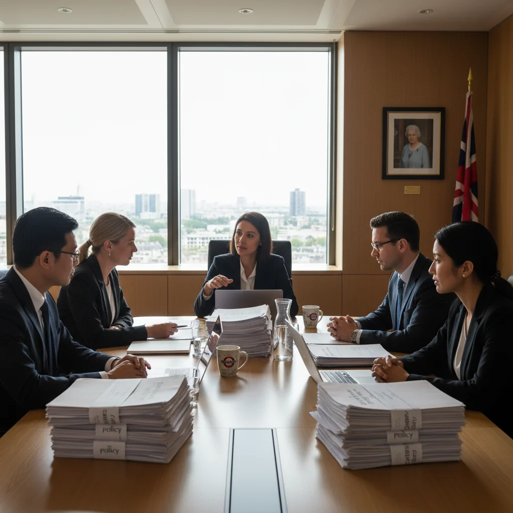 A photorealistic image depicting a professional business meeting in a modern UK office, with adults reviewing policy documents on a table, symbolizing compliance and understanding of acceptable use policies. The atmosphere is collaborative and focused, with elements like laptops, notebooks, and UK flags subtly in the background to represent the UK context. No children are present.