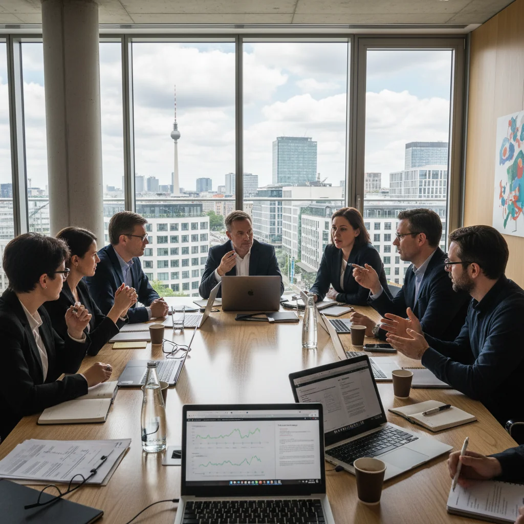 A photorealistic image of a professional team in a modern German office setting, collaborating on digital security and IT compliance. The scene shows adults working at computers, reviewing policies on screens, with elements like locks and network icons subtly integrated, emphasizing effective IT usage guidelines. No children are present.