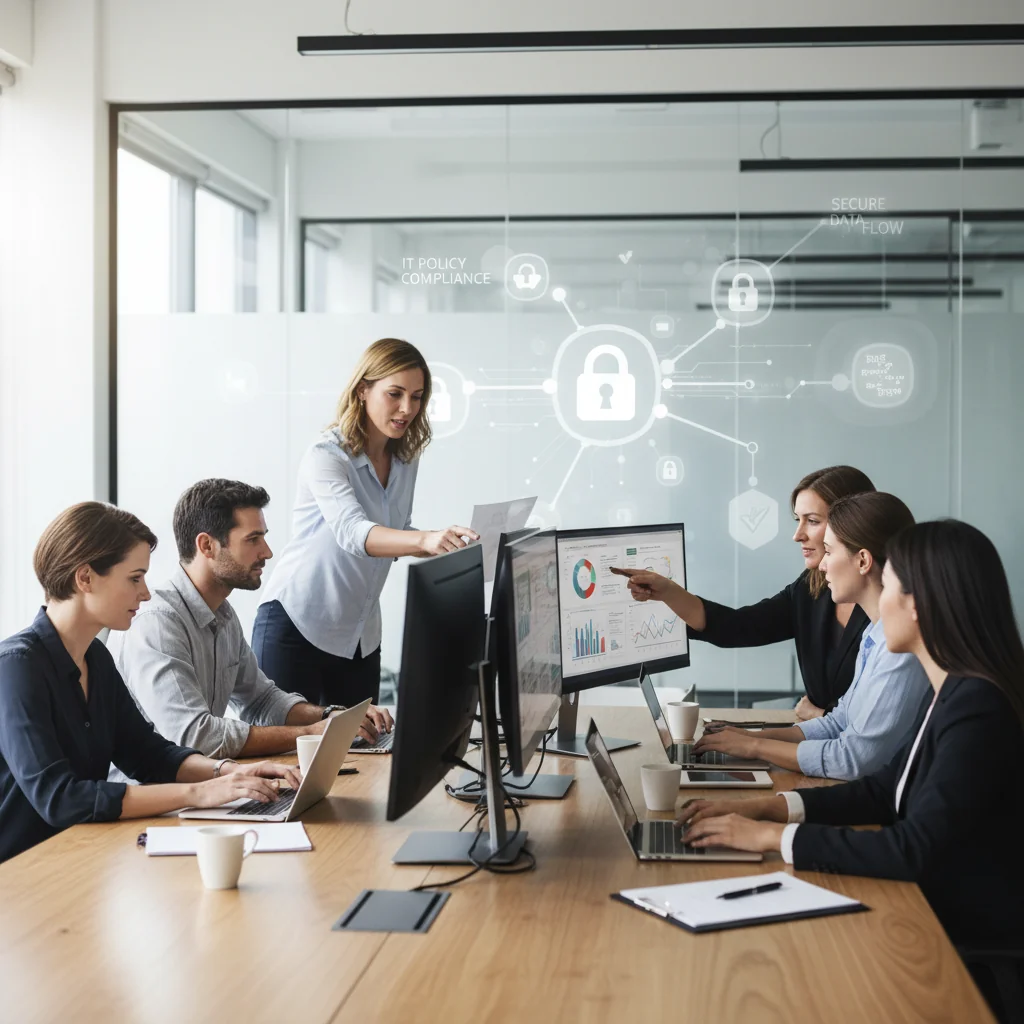 A photorealistic image of a professional business team in a modern office environment, collaborating on digital devices such as laptops and tablets, symbolizing secure and efficient IT usage policies in a corporate setting. The scene conveys trust, organization, and technology integration without any focus on documents.