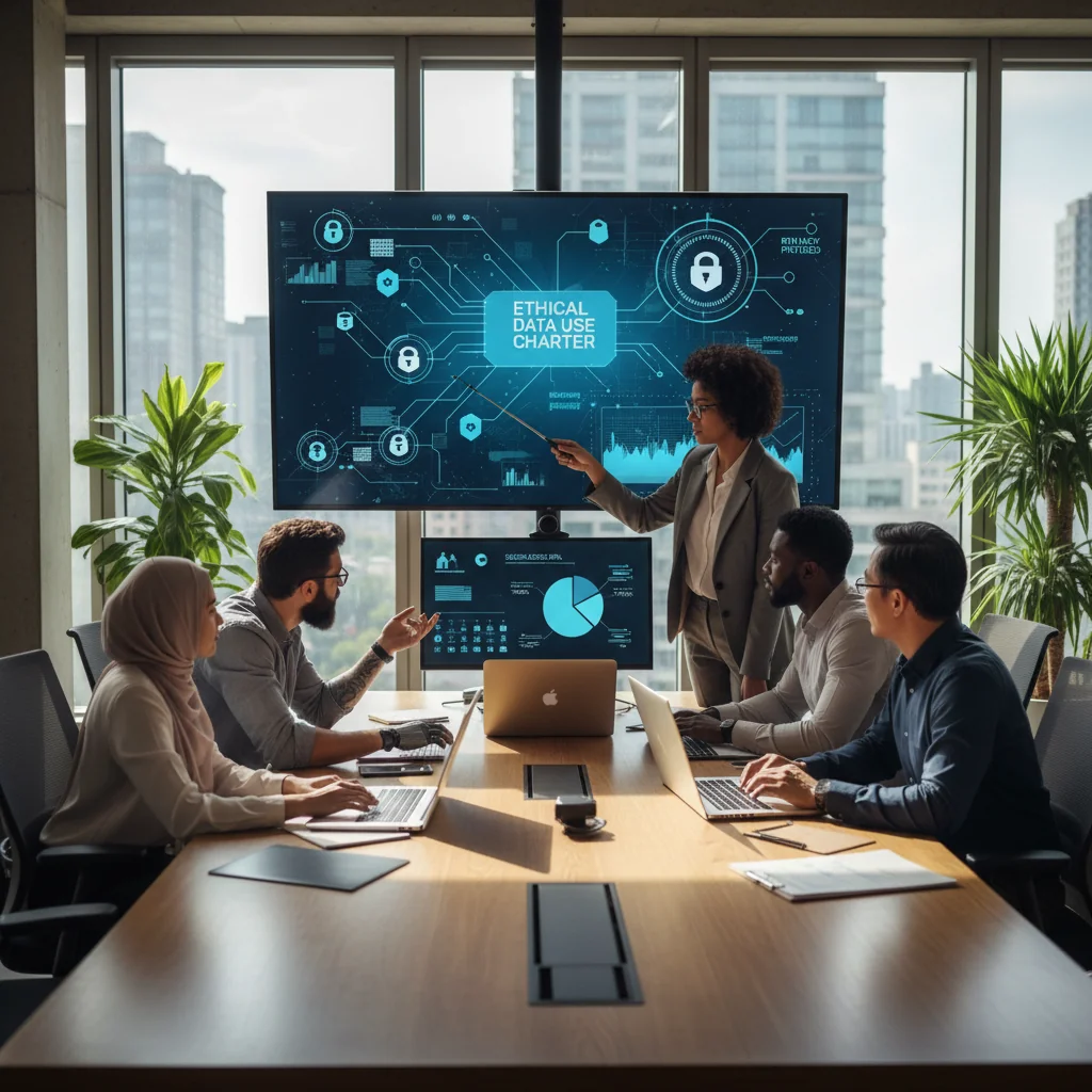 A photorealistic image of a diverse group of adult professionals in a modern office environment, collaboratively reviewing digital information systems on multiple computer screens, symbolizing the guidelines and responsible use outlined in an information systems charter. The scene conveys security, collaboration, and technology integration without any documents visible.