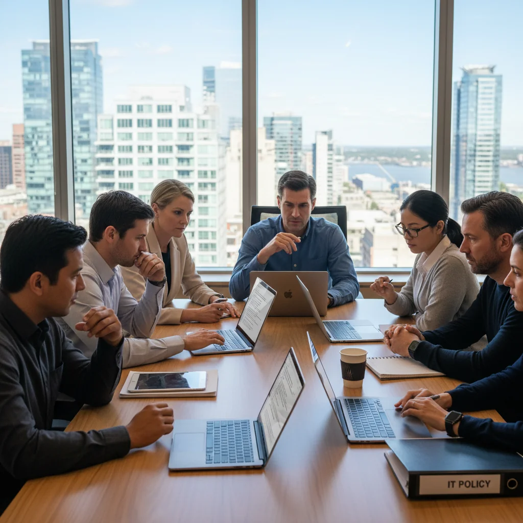 A photorealistic image of a diverse group of adult professionals in a modern Canadian office environment, engaged in a collaborative discussion about IT compliance, with elements like secure laptops and digital interfaces subtly in the background, conveying trust, professionalism, and adherence to policies.