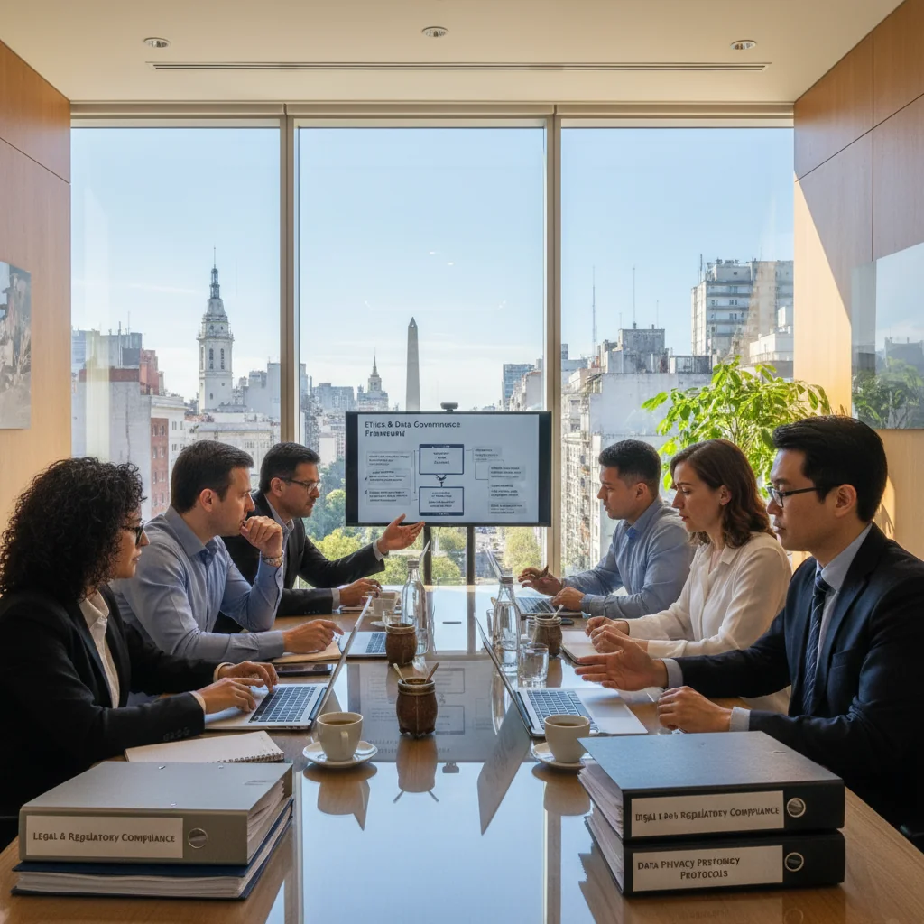 A photorealistic image of a diverse group of professional adults in a modern Argentine office setting, engaged in a collaborative meeting discussing business policies, with subtle elements like laptops and charts representing acceptable use guidelines, evoking trust, compliance, and corporate responsibility. No children are present.