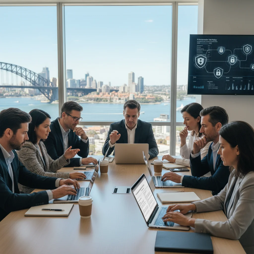 A photorealistic image of a diverse group of adult professionals in a modern Australian office environment, engaged in a collaborative discussion about IT policies, with computers and digital devices on desks, symbolizing safe and effective technology use in the workplace. No children are present.