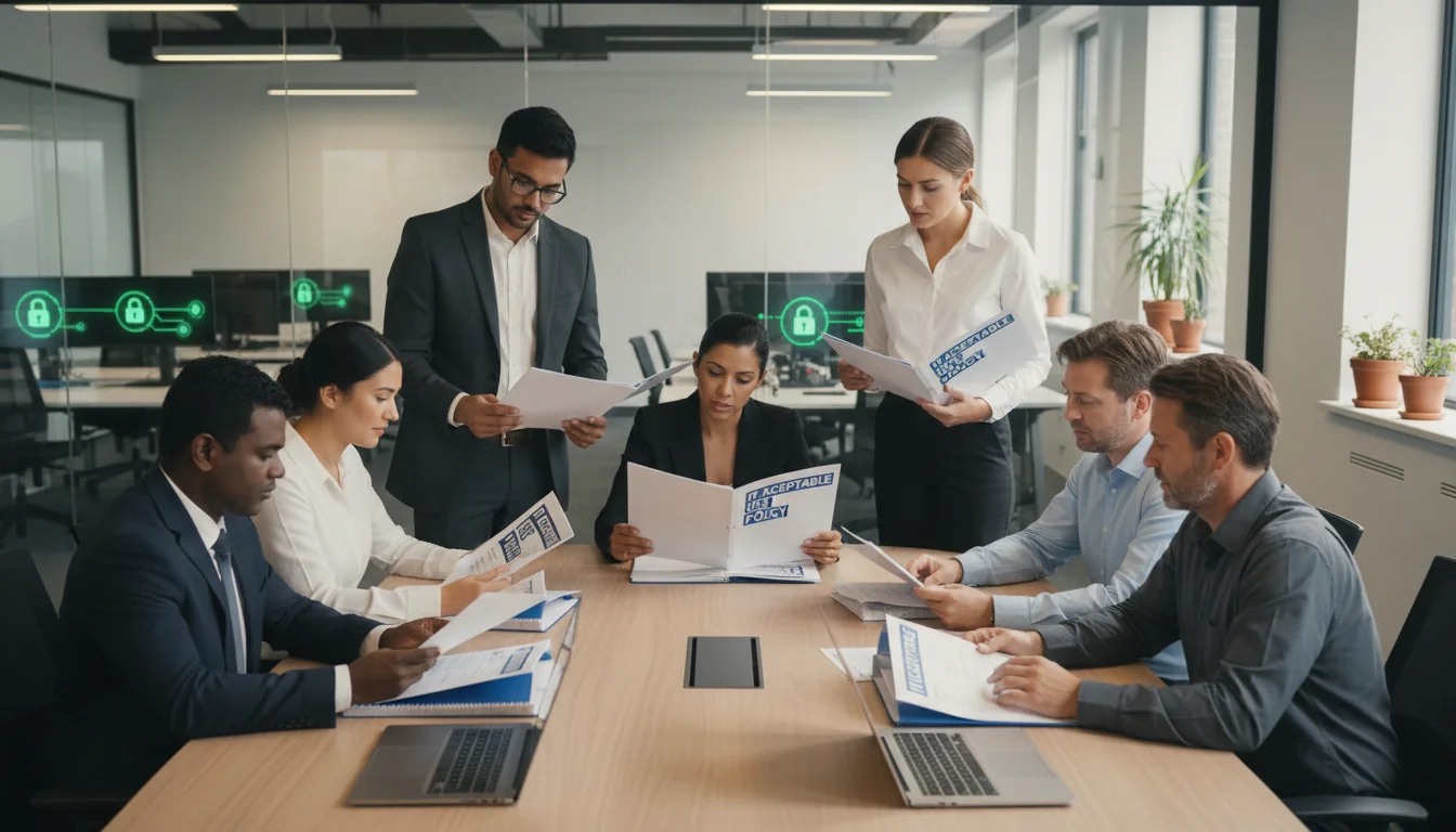 Office workers reviewing IT policy document