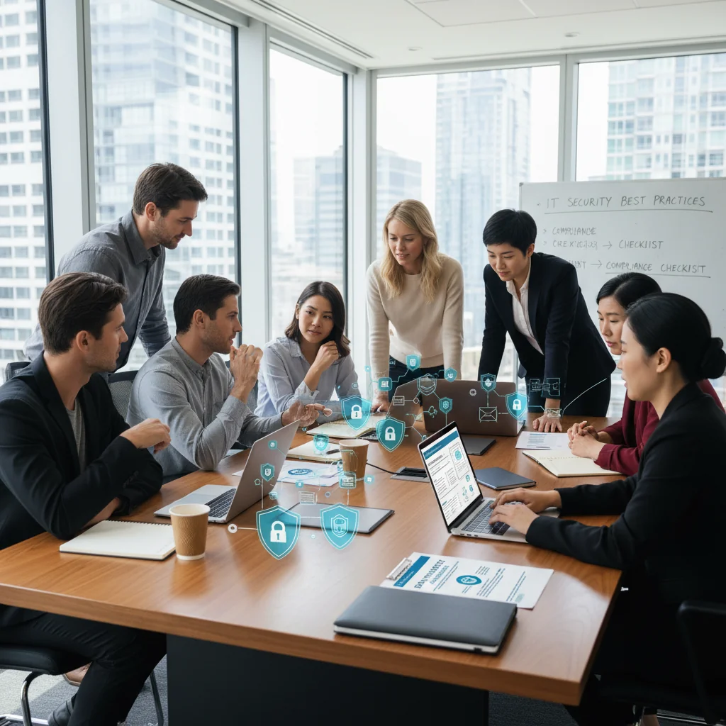 A photorealistic image depicting a diverse group of adult professionals in a modern office environment, collaboratively reviewing digital security policies on secure computers, symbolizing best practices for IT acceptable use policy implementation. The scene emphasizes professionalism, technology safety, and teamwork among adults only, with no children present.