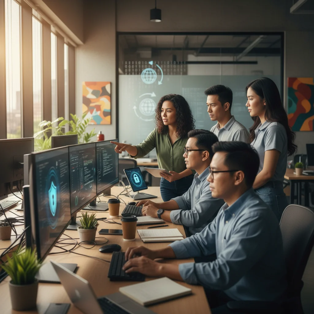 A photorealistic image of a diverse group of professional adults in a modern Philippine office setting, collaborating on computers while adhering to IT policies, symbolizing responsible technology use in a corporate environment. The scene captures the bustling yet organized atmosphere of a workplace in Manila, with elements like laptops, secure networks, and subtle nods to Philippine culture such as local decor.