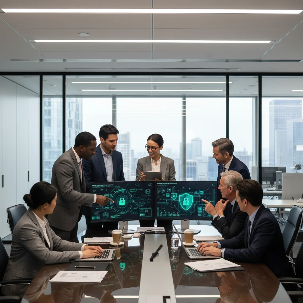A photorealistic image of a professional IT team in a modern office environment, discussing data privacy and compliance, with laptops showing secure data interfaces, symbolizing the purpose of IT usage policies under GDPR without focusing on documents.