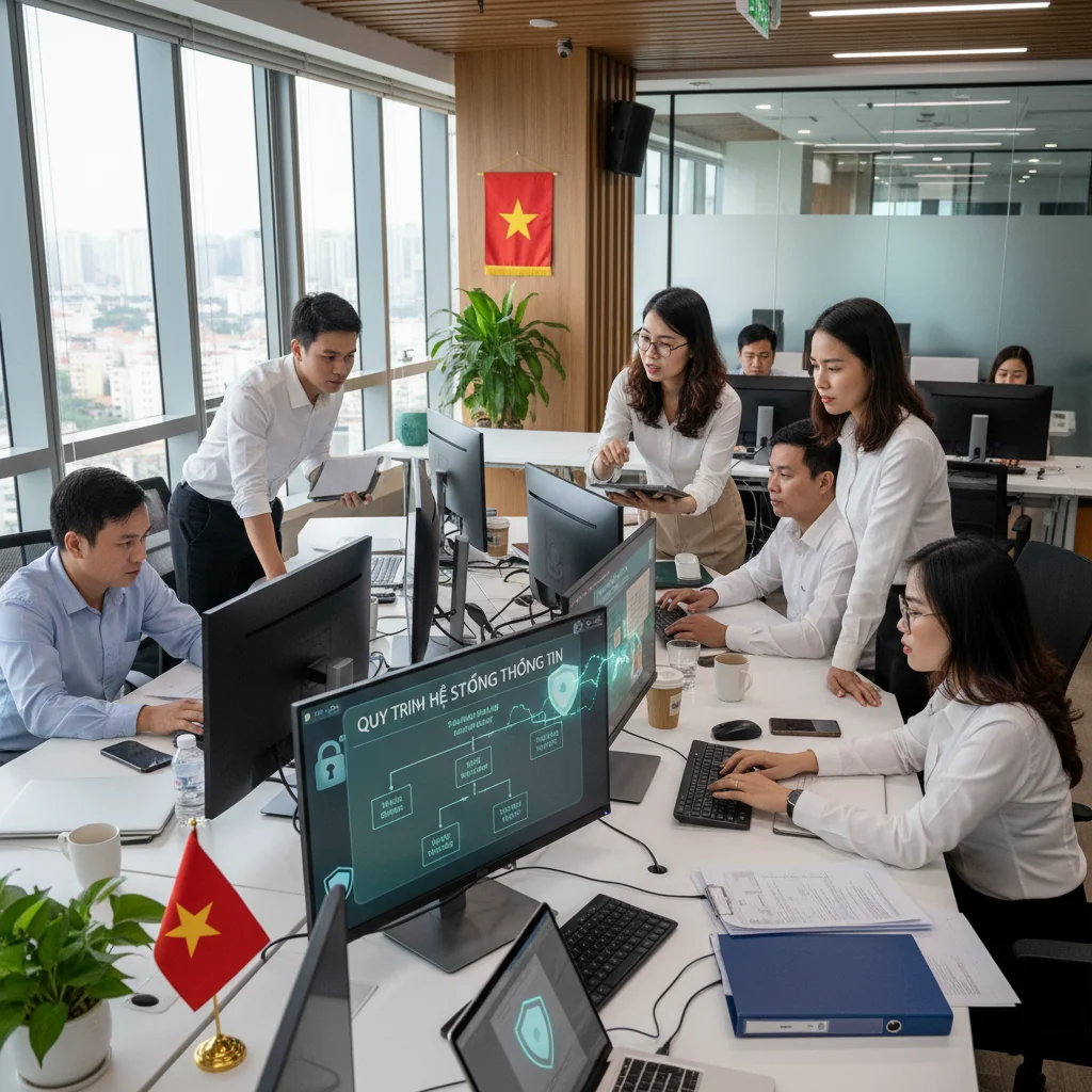 A photorealistic image of a professional Vietnamese business team in a modern office, collaboratively reviewing digital information systems on computers and tablets, symbolizing compliance with Vietnamese regulations. The scene conveys trust, security, and organized policy implementation, with subtle Vietnamese cultural elements like traditional decor in the background. No children are present.