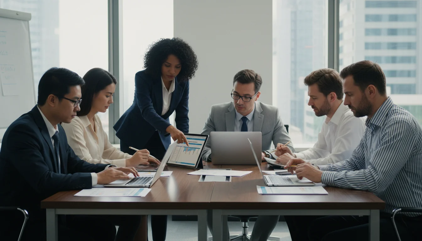 Professional team discussing compliance policy.