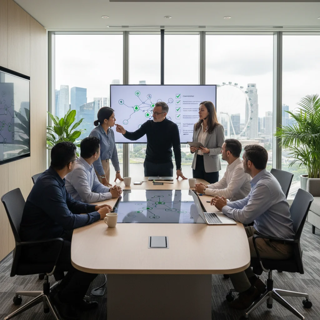 A photorealistic image of a diverse group of adult professionals in a modern Singapore office environment, collaboratively reviewing digital security guidelines on laptops and tablets, symbolizing the implementation of IT policies, with subtle Singapore skyline in the background through large windows, conveying trust, compliance, and technology integration.