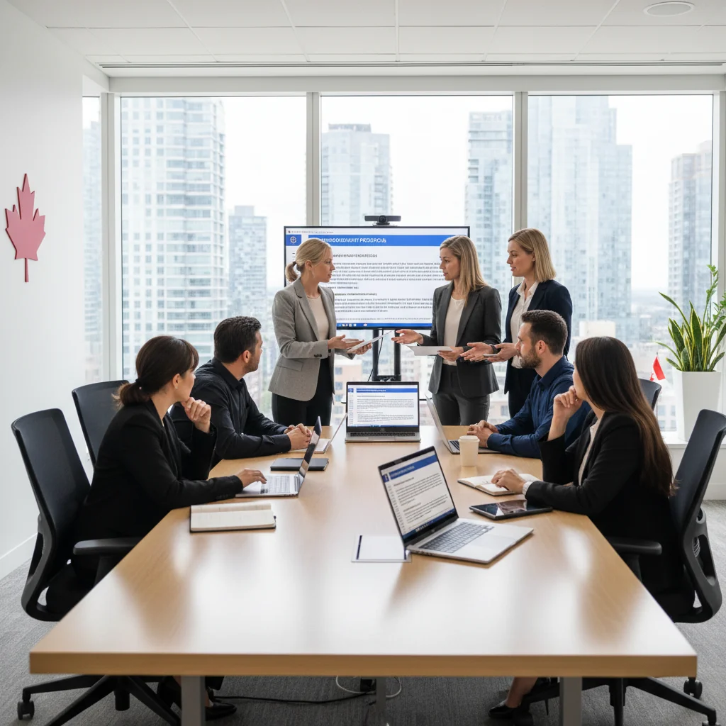 A photorealistic image of a diverse group of adult professionals in a modern Canadian office setting, collaborating on laptops and discussing IT security policies around a conference table, with elements like maple leaf motifs and Canadian flags subtly in the background to represent Canada's business environment. The atmosphere is professional and focused, emphasizing safe and ethical IT use in a corporate context.