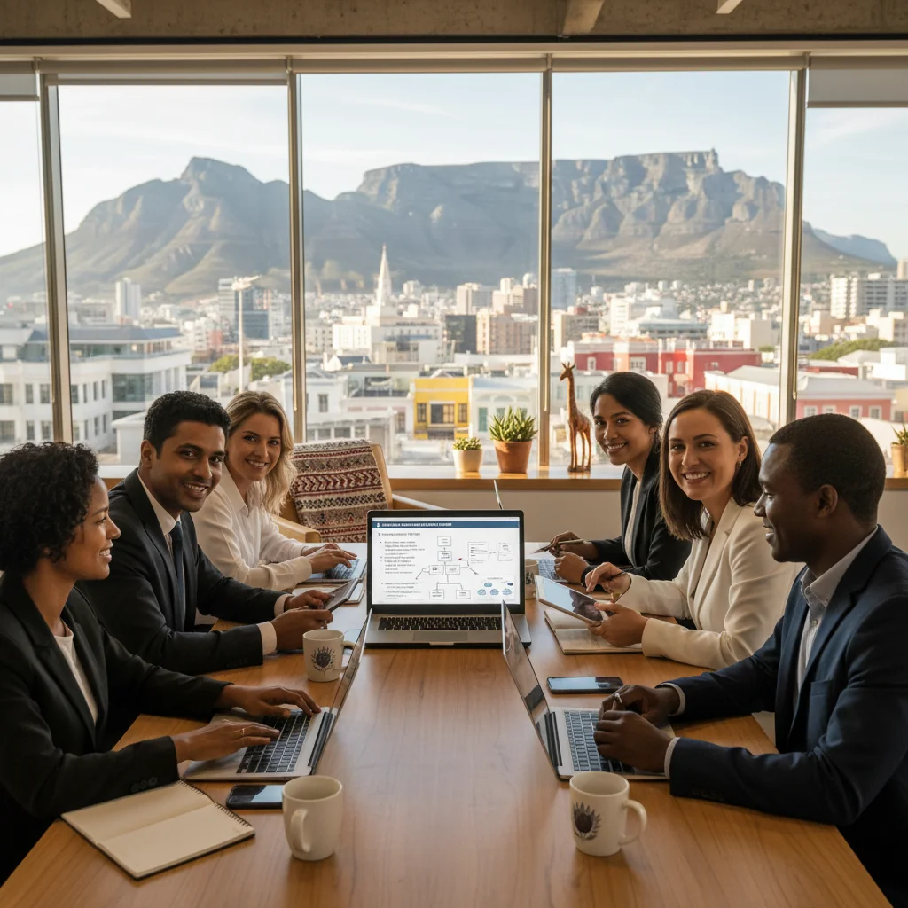 A photorealistic image of a diverse group of professional adults in a modern South African business office, collaborating on computers and discussing IT policies, symbolizing safe and acceptable use of technology in a corporate environment. The scene includes elements like laptops, network cables, and a subtle South African flag in the background, conveying security, compliance, and innovation without focusing on documents.