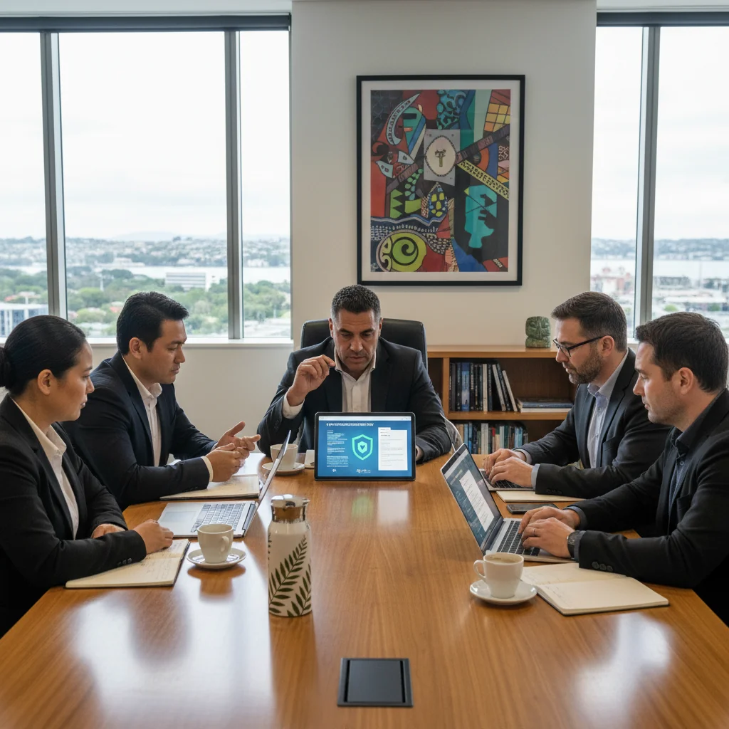 A photorealistic image of a diverse group of adult professionals in a modern New Zealand office setting, engaged in a collaborative discussion about IT security policies. They are reviewing digital devices and screens showing network diagrams, symbolizing the importance of acceptable use policies. The scene includes elements like the New Zealand flag subtly in the background, with adults only, no children present.