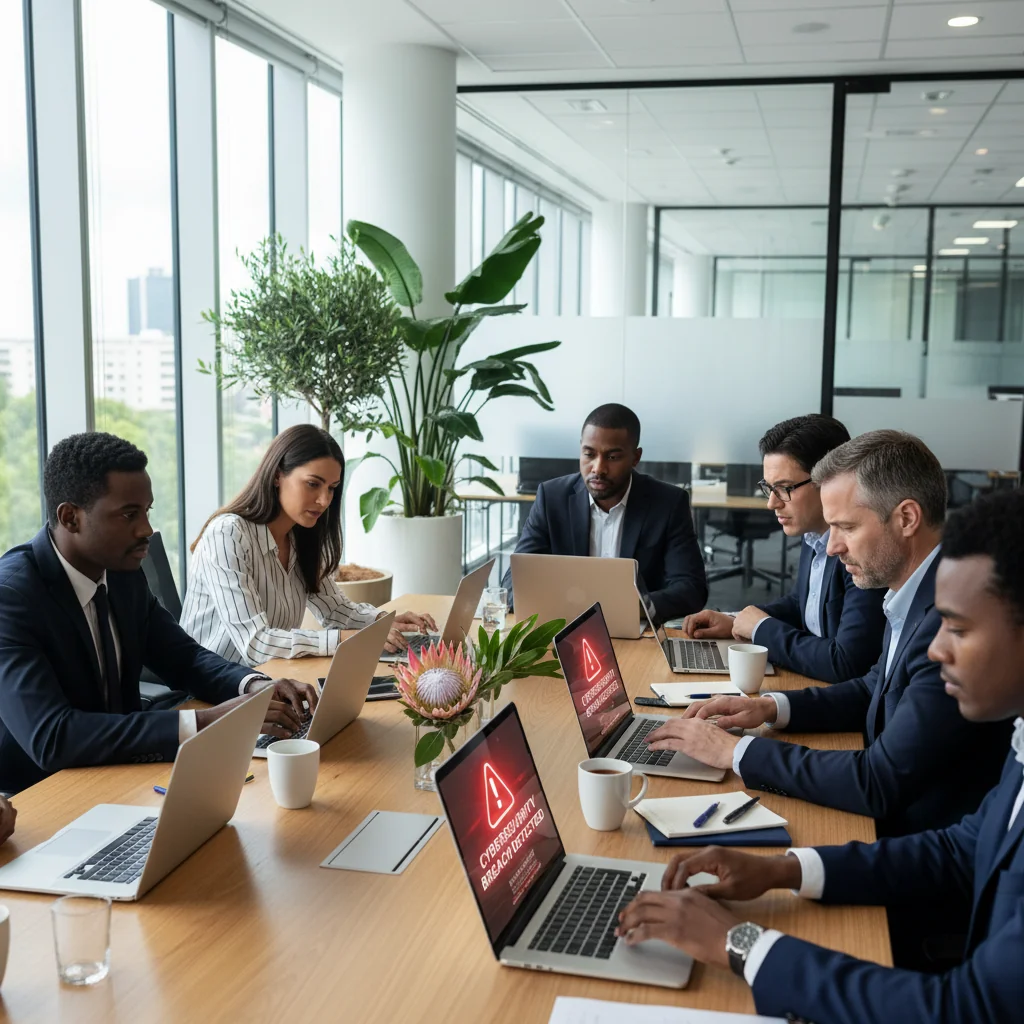 A photorealistic image of a diverse group of adult professionals in a modern South African office setting, looking concerned while reviewing computer screens showing security alerts and policy violation warnings, symbolizing awareness of IT acceptable use policies. The scene includes elements like laptops, network cables, and a South African flag subtly in the background to represent the location. No children are present.