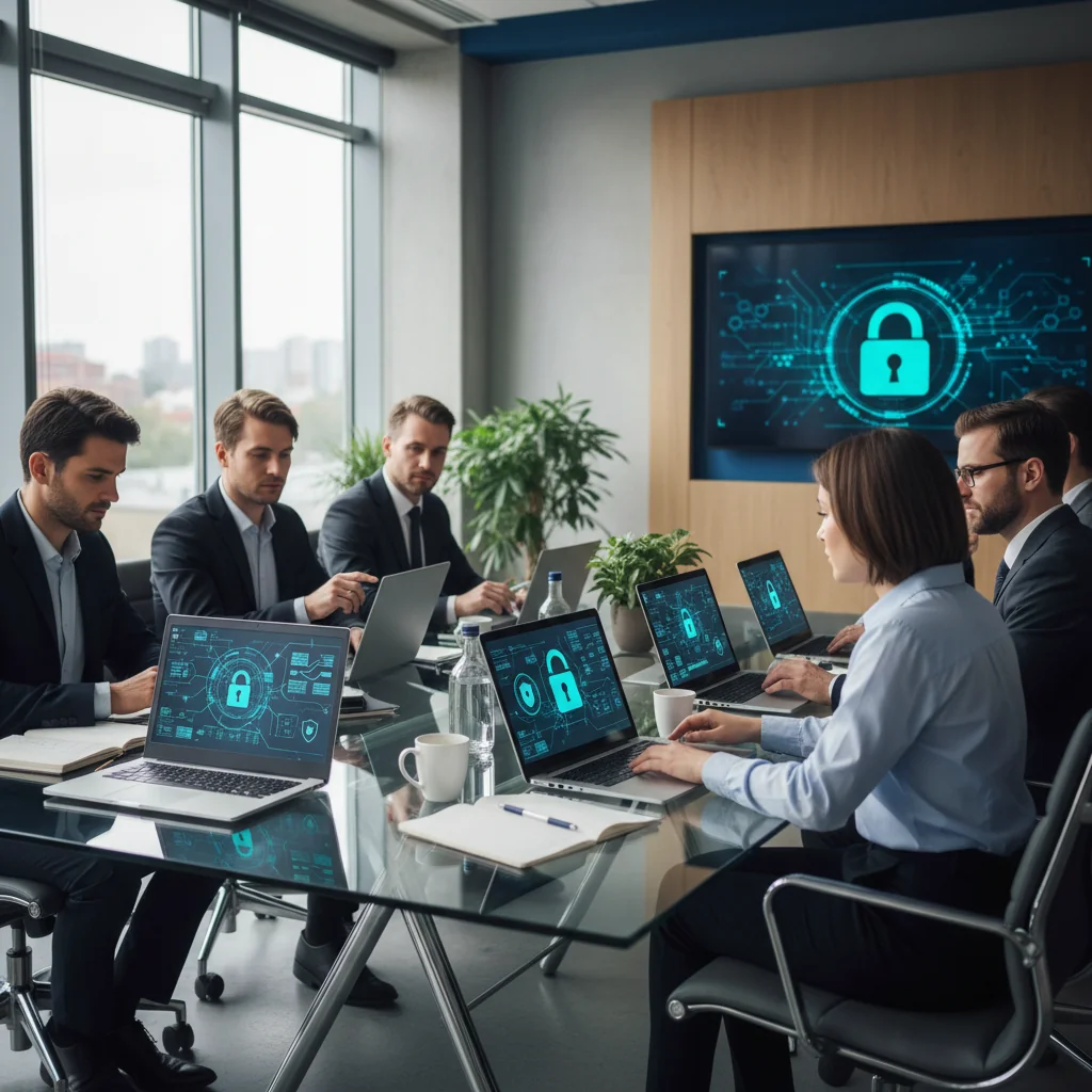 A photorealistic image of a professional team in a modern office setting, discussing IT security policies around a conference table with laptops and documents, symbolizing the implementation of an acceptable IT use policy in an organization. The scene conveys collaboration, professionalism, and technology focus, with adults only, no children present.