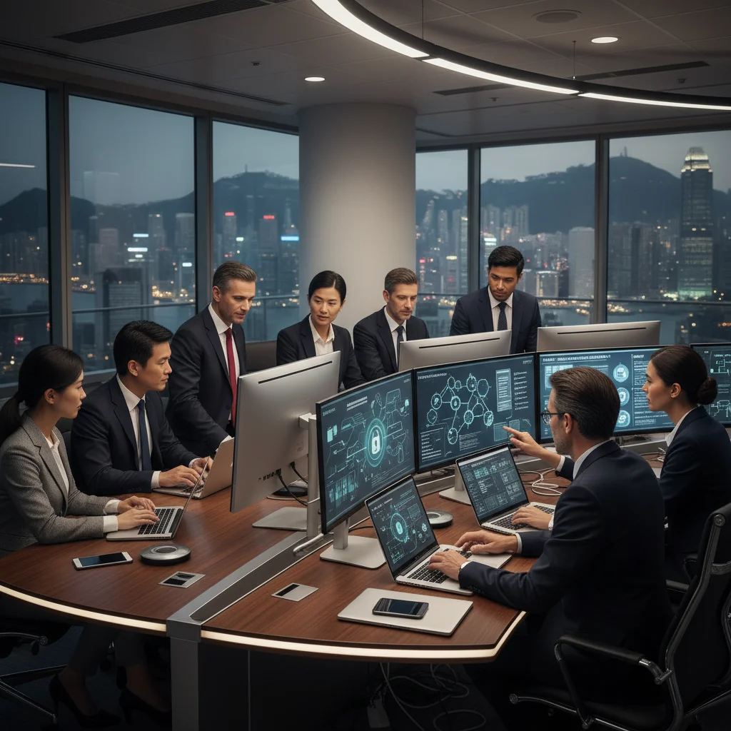 A photorealistic image depicting a professional IT team in a modern Hong Kong office, collaborating on computers and discussing cybersecurity policies, with elements like secure networks and digital interfaces in the background, symbolizing acceptable use policies in information technology, no children present.