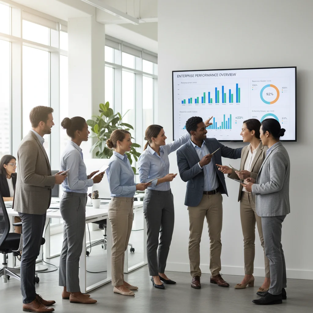 A photorealistic image of a diverse team of adult professionals in a modern office environment, collaborating around a digital dashboard on a large screen displaying integrated information systems, symbolizing the benefits of implementing accepted information system policies in business, with expressions of efficiency and success, no children present.