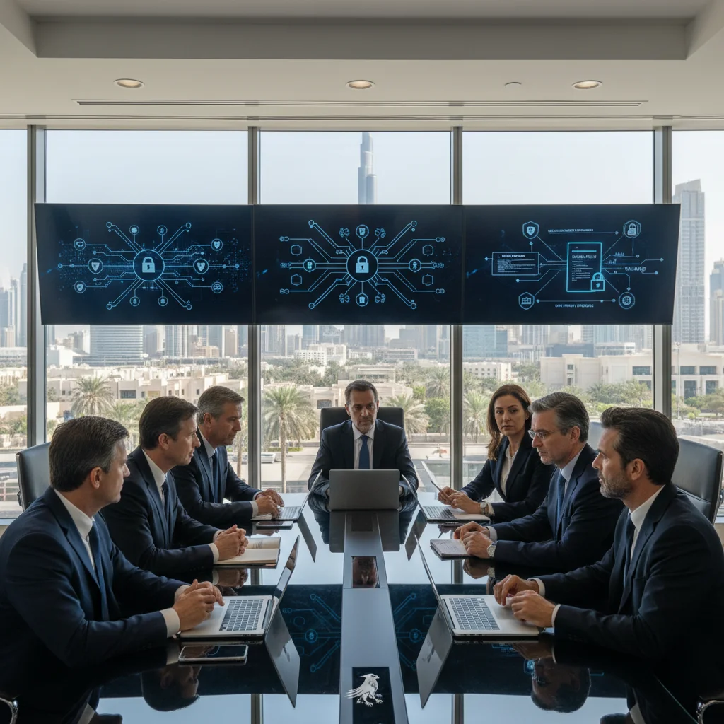 A photorealistic image of a professional business meeting in a modern UAE corporate office, with diverse adult professionals discussing IT policies around a conference table with laptops and digital screens displaying abstract data flows, evoking themes of acceptable use policies for information technology in the UAE, no children present.