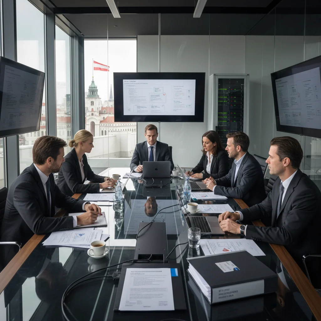 A photorealistic image of a professional business meeting in a modern Austrian corporate office, with diverse adults discussing IT policies on laptops and documents, symbolizing the guidelines for IT usage in corporate settings. No children present.
