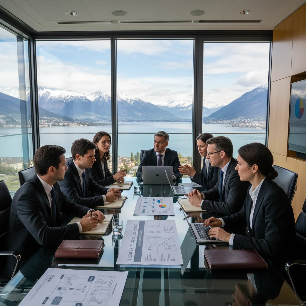A photorealistic image of a professional business meeting in a modern Swiss corporate office, featuring adults in business attire discussing IT policies around a conference table with laptops and documents, overlooking the Swiss Alps through large windows, symbolizing secure and compliant IT usage in a corporate environment in Switzerland.