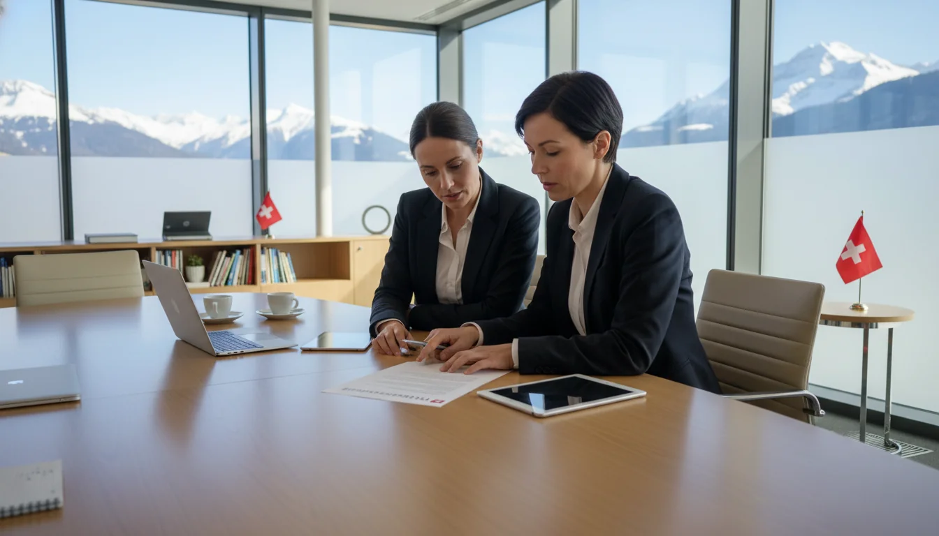 Swiss office workers reviewing IT policy