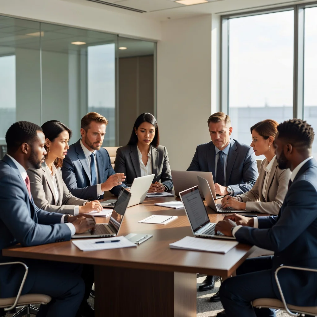 A professional corporate office environment in the United States, showing diverse adult business professionals in a modern conference room, discussing compliance and ethical guidelines with confident expressions, symbolizing the purpose of an Acceptable Use Policy document.