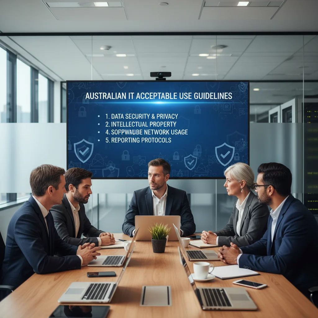 A photorealistic image of a professional business meeting in a modern Australian corporate office, with diverse adult employees discussing IT security policies on a digital screen, symbolizing responsible use of technology in a workplace setting, no children present.